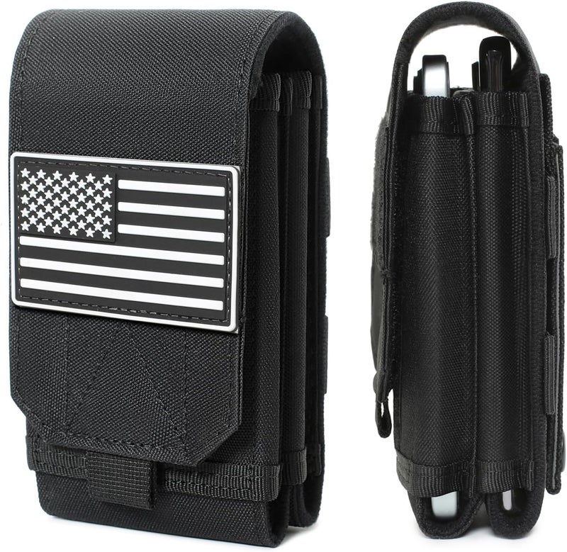 Lemubeane Tactical Molle EDC Phone Pouch Universal Dual Mobile Phone Holster Holder with US Flag Patch (Black) - Image 1